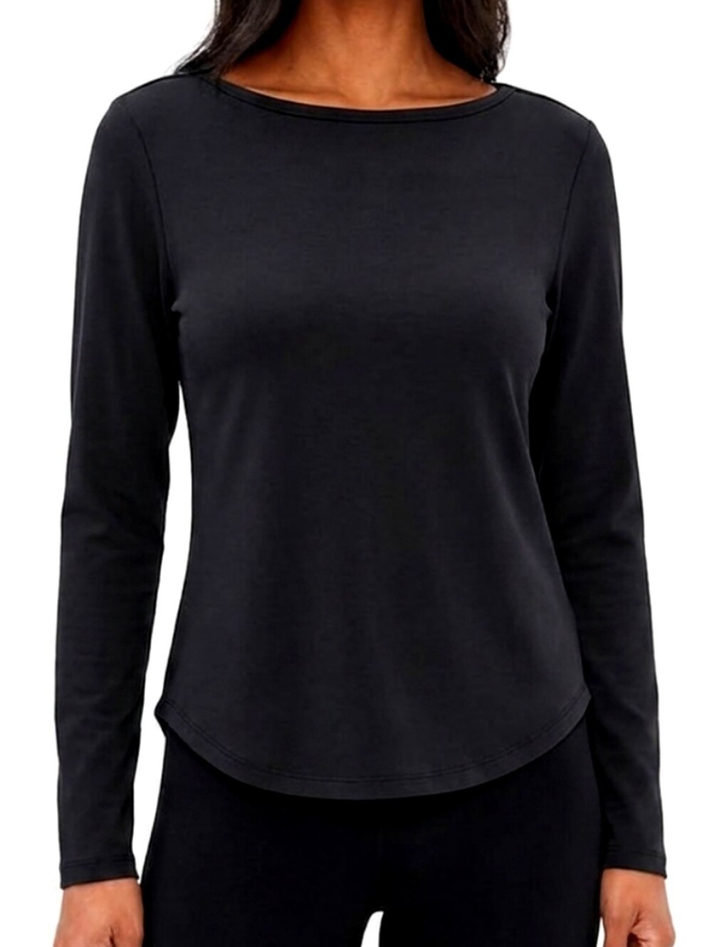 LL Bean Womens Supima Cotton Tee Long Sleeve Boat Neck Tshirt Black Size Medium